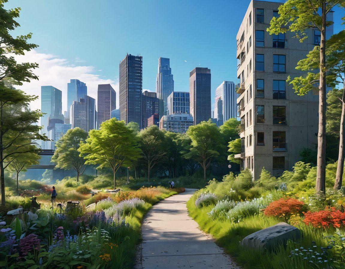 A stunning visual journey illustrating the transformation from a cluttered urban environment to a serene woodland setting. On the left, depict a chaotic city skyline with concrete buildings and pollution, fading into a lush green forest filled with diverse trees, wildflowers, and wildlife on the right. Incorporate a person joyfully transitioning between these two worlds, symbolizing an eco-friendly lifestyle change. Bright, vibrant colors and a clear blue sky enhance the feeling of hope and rejuvenation. super-realistic. vibrant colors. 3D.