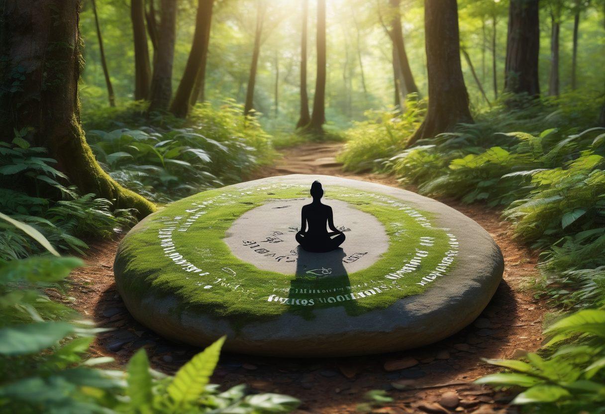 A lush forest with winding paths, interspersed with diverse flora and fauna. A silhouette of a person meditating peacefully on a stone, surrounded by vibrant greenery and soft sunlight filtering through the leaves. Trail markers labeled with words of inspiration scattered throughout. Envisioning a harmonious blend of nature and personal growth. super-realistic. vibrant colors. serene atmosphere.