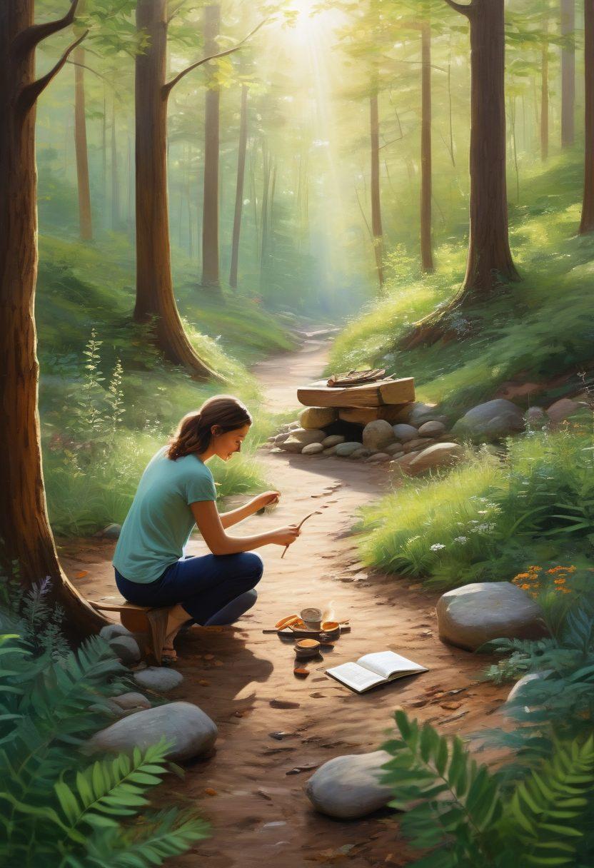 A serene forest landscape with a winding path, sunlight filtering through the leaves, and a small campfire surrounded by sustainable living tools like a wooden spoon, herbs, and a journal. In the foreground, a person planting a tree, smiling, embodying the spirit of connection with nature. Vivid greens and earthy tones create an inviting atmosphere. Painting. vibrant colors.